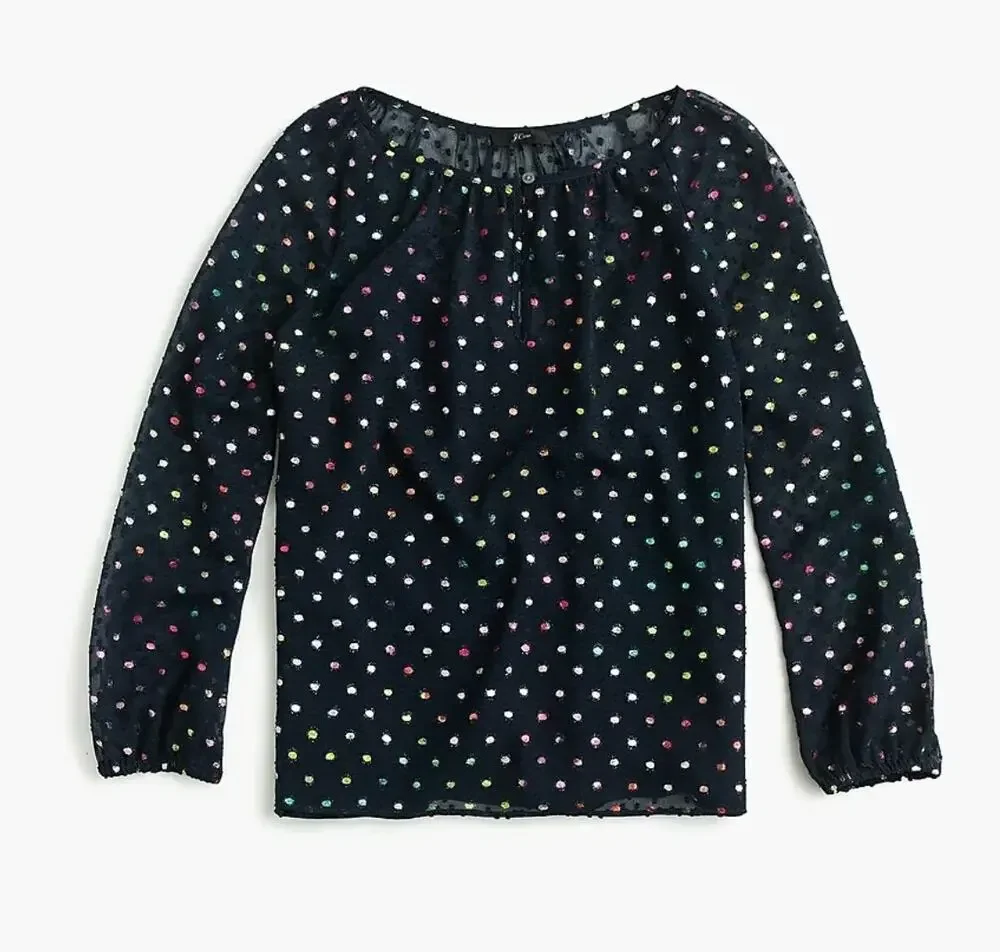 J. Crew Popover Long Sleeve Navy Blue Multi Rainbow Clip Dot Chiffon Blouse M